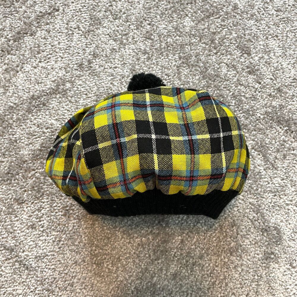 Unbranded Scottish Bonnet Hat Adult One Size Soft Yellow Black Plaid Dai Cap